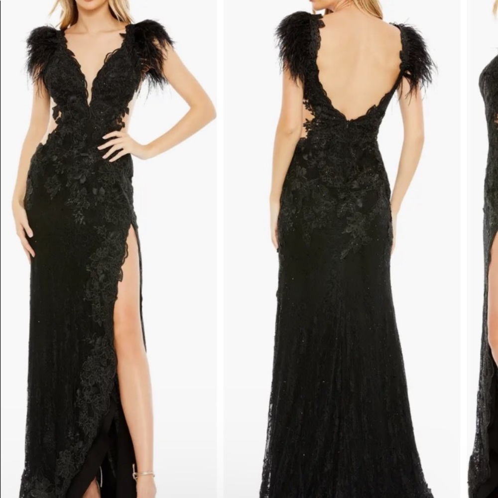Mac Duggal black feather lace cutout dress 4